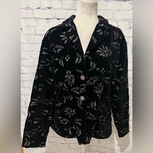 Chicos Jacket Womens Black Velvet  Silver Embroidered 2-Button Blazer Lined 3/XL